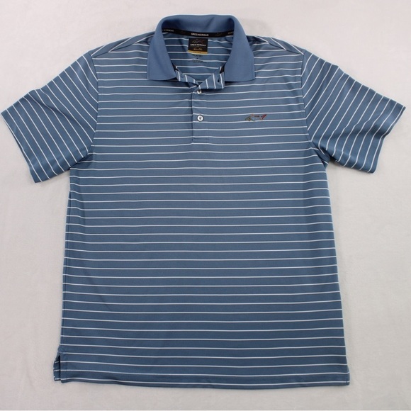 Greg Norman Tasso Elba Mens Small Blue Stripe Polo Short Sleeve EUC Shirt - Picture 1 of 8